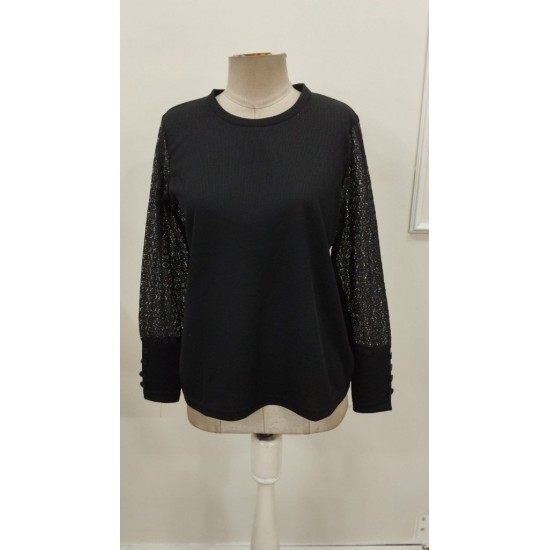 Kadın Uzun Kollu Bisiklet Yaka Kolları Tüllü Waffle Bluz , 31588