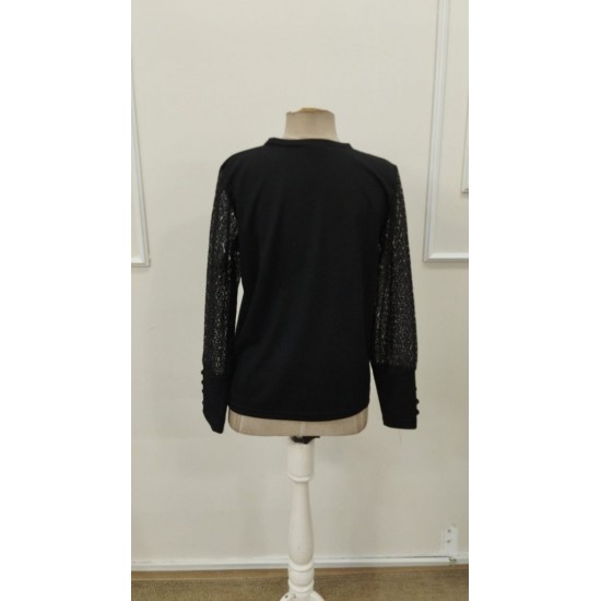 Kadın Uzun Kollu Bisiklet Yaka Kolları Tüllü Waffle Bluz , 31588