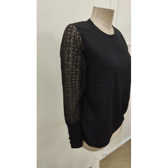 Kadın Uzun Kollu Bisiklet Yaka Kolları Tüllü Waffle Bluz , 31588