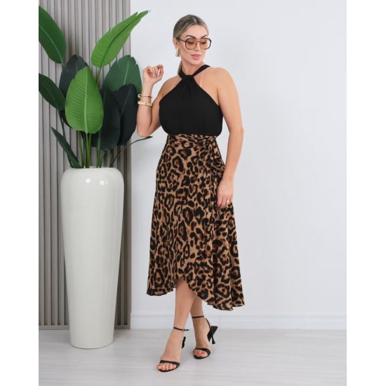 Kadın önden Bağlamalı Leopar Desenli Süprem Uzun Etek , 31619