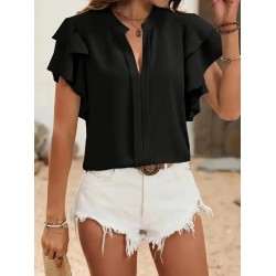 Kadın Kısa Kollu V Hakim Yaka Kolları Fırfırlı Dubai Bluz, 31618 Kadın Kısa Kollu V Hakim Yaka Kolları Fırfırlı Dubai Bluz, 31618