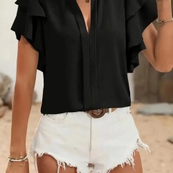 Kadın Kısa Kollu V Hakim Yaka Kolları Fırfırlı Dubai Bluz, 31618 Kadın Kısa Kollu V Hakim Yaka Kolları Fırfırlı Dubai Bluz, 31618
