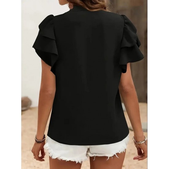 Kadın Kısa Kollu V Hakim Yaka Kolları Fırfırlı Dubai Bluz, 31618 Kadın Kısa Kollu V Hakim Yaka Kolları Fırfırlı Dubai Bluz, 31618