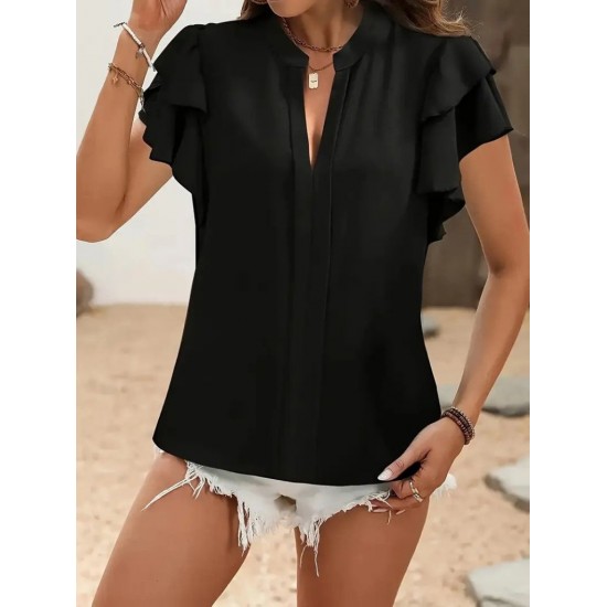 Kadın Kısa Kollu V Hakim Yaka Kolları Fırfırlı Dubai Bluz, 31618 Kadın Kısa Kollu V Hakim Yaka Kolları Fırfırlı Dubai Bluz, 31618