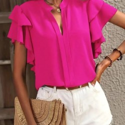 Kadın Kısa Kollu V Hakim Yaka Kolları Fırfırlı Dubai Bluz, 31616