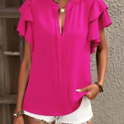 Kadın Kısa Kollu V Hakim Yaka Kolları Fırfırlı Dubai Bluz, 31616 Kadın Kısa Kollu V Hakim Yaka Kolları Fırfırlı Dubai Bluz, 31616