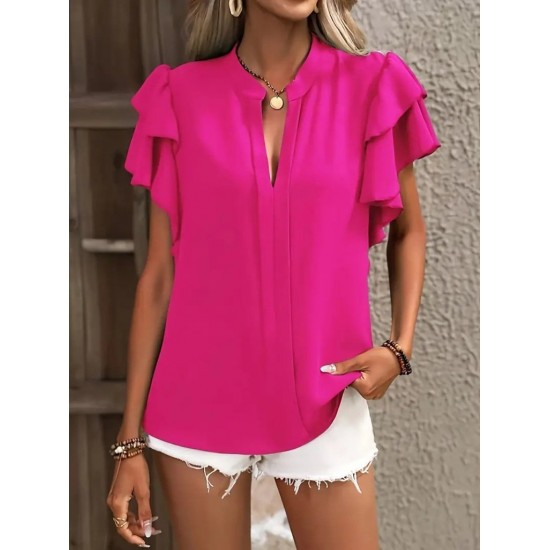 Kadın Kısa Kollu V Hakim Yaka Kolları Fırfırlı Dubai Bluz, 31616