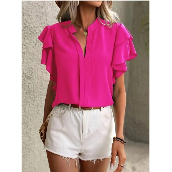 Kadın Kısa Kollu V Hakim Yaka Kolları Fırfırlı Dubai Bluz, 31616