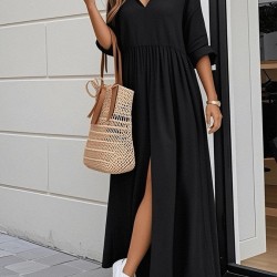 Kadın Truvakar Kollu V Yakalı Yırtmaçlı Uzun Aerobin Elbise, 31612