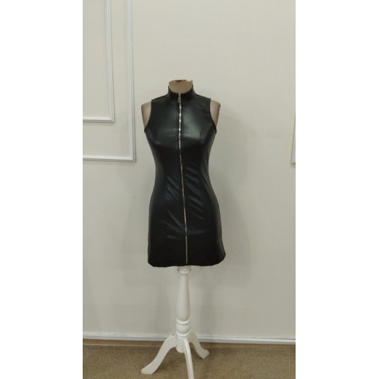 Kadın Kolsuz Balıkçı Yaka önden Fermuarlı Kısa Deri Elbise , 31611