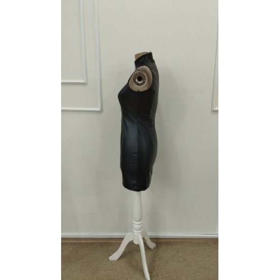 Kadın Kolsuz Balıkçı Yaka önden Fermuarlı Kısa Deri Elbise , 31611