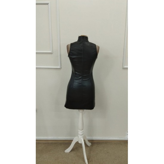 Kadın Kolsuz Balıkçı Yaka önden Fermuarlı Kısa Deri Elbise , 31611