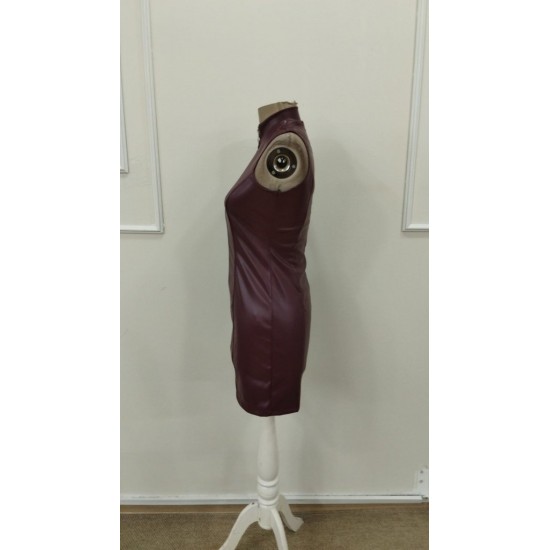 Kadın Kolsuz Balıkçı Yaka önden Fermuarlı Kısa Deri Elbise , 31609