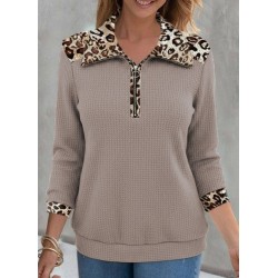 Women' S Long-sleeved Leopard-collar Zip-up Waffle Blouse , 31621