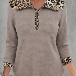 Kadın Uzun Kollu Leopar Yakalı Fermuarlı Waffle Bluz , 31621 Kadın Uzun Kollu Leopar Yakalı Fermuarlı Waffle Bluz , 31621