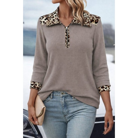 Kadın Uzun Kollu Leopar Yakalı Fermuarlı Waffle Bluz , 31621 Kadın Uzun Kollu Leopar Yakalı Fermuarlı Waffle Bluz , 31621