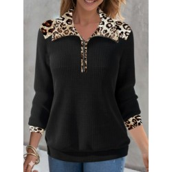 Women' S Long-sleeved Leopard-collar Zip-up Waffle Blouse , 31620