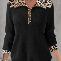 Kadın Uzun Kollu Leopar Yakalı Fermuarlı Waffle Bluz , 31620 Kadın Uzun Kollu Leopar Yakalı Fermuarlı Waffle Bluz , 31620