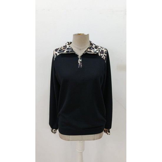 Kadın Uzun Kollu Leopar Yakalı Fermuarlı Waffle Bluz , 31620