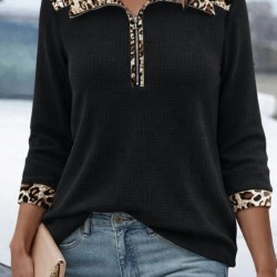 Kadın Uzun Kollu Leopar Yakalı Fermuarlı Waffle Bluz , 31620