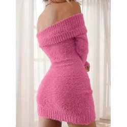 Women' S Long-sleeved, Off-the-shoulder, Short, Brushed Knit Dress , 31623