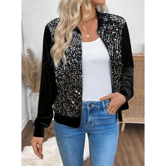 Kadın Uzun Kollu önü Açık Fermuarlı Pulpayetli Kadife Ceket , 31625