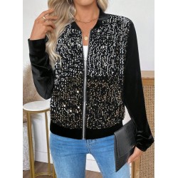Women' S Long-sleeved, Open-front, Zip-up Velvet Jacket With Sequins. , 31625