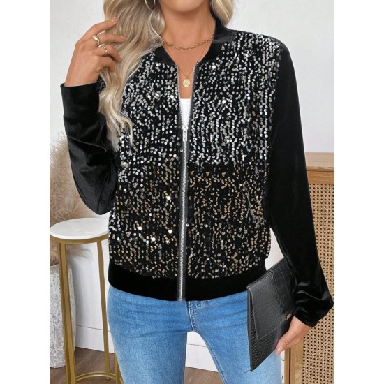 Kadın Uzun Kollu önü Açık Fermuarlı Pulpayetli Kadife Ceket , 31625