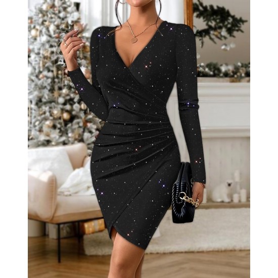 Kadın Uzun Kollu Kruvaze Yakalı ışıltılı Mini Ithal Krep Elbise , 31629