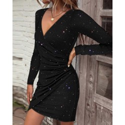 Kadın Uzun Kollu Kruvaze Yakalı ışıltılı Mini Ithal Krep Elbise , 31629