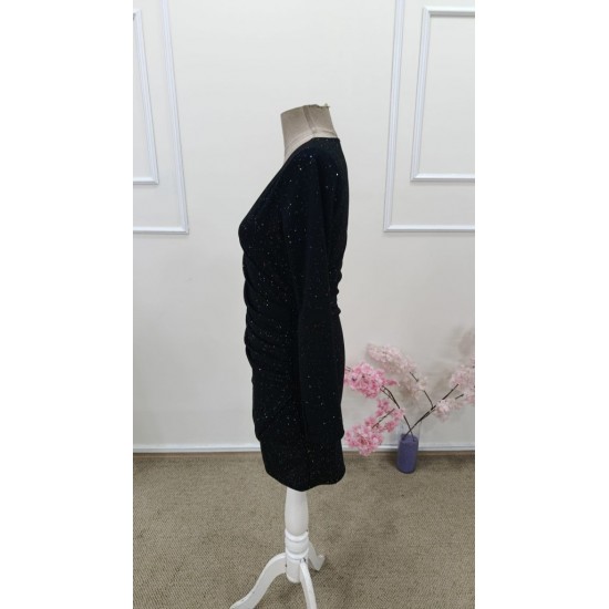 Kadın Uzun Kollu Kruvaze Yakalı ışıltılı Mini Ithal Krep Elbise , 31629