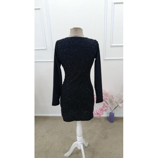 Kadın Uzun Kollu Kruvaze Yakalı ışıltılı Mini Ithal Krep Elbise , 31629