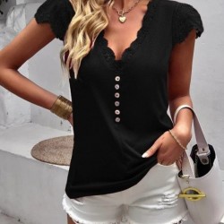 Kadın Kısa Kollu V Yakalı Dantelli önden Düğmeli Viskon Bluz , 31634