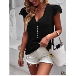 Kadın Kısa Kollu V Yakalı Dantelli önden Düğmeli Viskon Bluz , 31634 Kadın Kısa Kollu V Yakalı Dantelli önden Düğmeli Viskon Bluz , 31634