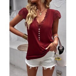 Kadın Kısa Kollu V Yakalı Dantelli önden Düğmeli Viskon Bluz , 31633