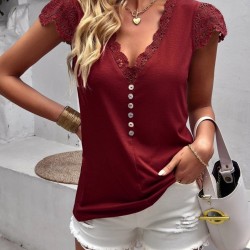 Kadın Kısa Kollu V Yakalı Dantelli önden Düğmeli Viskon Bluz , 31633