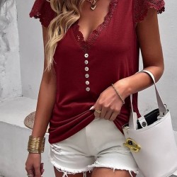 Kadın Kısa Kollu V Yakalı Dantelli önden Düğmeli Viskon Bluz , 31633 Kadın Kısa Kollu V Yakalı Dantelli önden Düğmeli Viskon Bluz , 31633