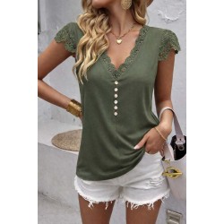 Kadın Kısa Kollu V Yakalı Dantelli önden Düğmeli Viskon Bluz , 31632