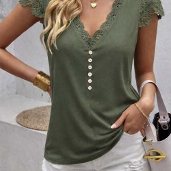 Kadın Kısa Kollu V Yakalı Dantelli önden Düğmeli Viskon Bluz , 31632