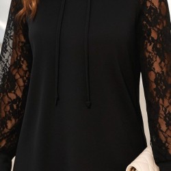 Kadın Uzun Kollu Kolları Dantel Detaylı Kapşonlu Bağcıklı Kısa Viskon Iki Iplik Elbise, 31631