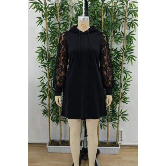 Kadın Uzun Kollu Kolları Dantel Detaylı Kapşonlu Bağcıklı Kısa Viskon Iki Iplik Elbise, 31631