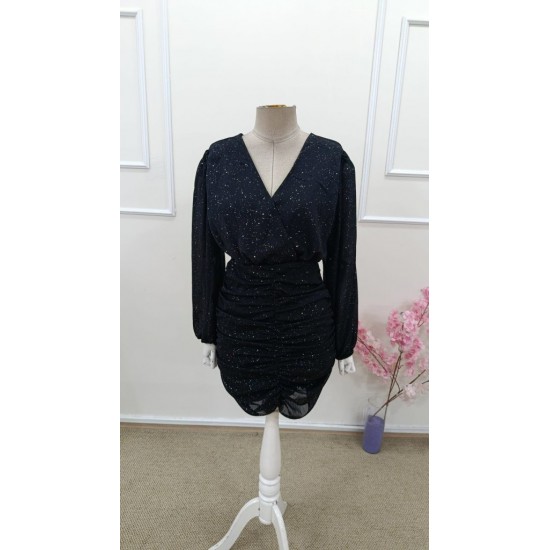 Kadın Uzun Kollu Kruvaze Yaka Kemersiz ışıltılı Astarlı Mini şifon Elbise , 31630 Kadın Uzun Kollu Kruvaze Yaka Kemersiz ışıltılı Astarlı Mini şifon Elbise , 31630