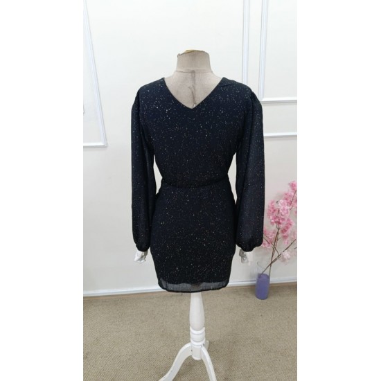 Kadın Uzun Kollu Kruvaze Yaka Kemersiz ışıltılı Astarlı Mini şifon Elbise , 31630 Kadın Uzun Kollu Kruvaze Yaka Kemersiz ışıltılı Astarlı Mini şifon Elbise , 31630