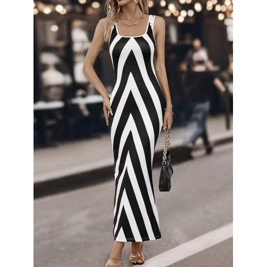 Kadın Askılı Yuvarlak Yakalı Geometrik Desenli Uzun Dalgıç Elbise , 31640