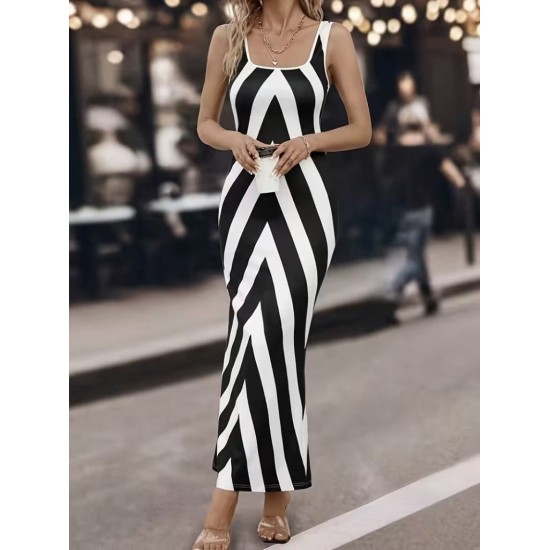 Kadın Askılı Yuvarlak Yakalı Geometrik Desenli Uzun Dalgıç Elbise , 31640