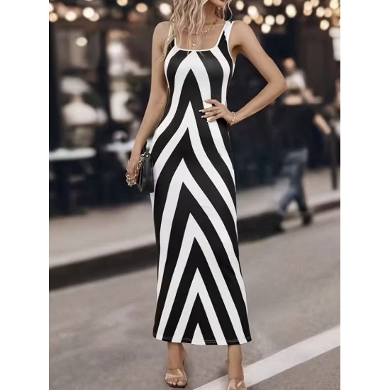 Kadın Askılı Yuvarlak Yakalı Geometrik Desenli Uzun Dalgıç Elbise , 31640