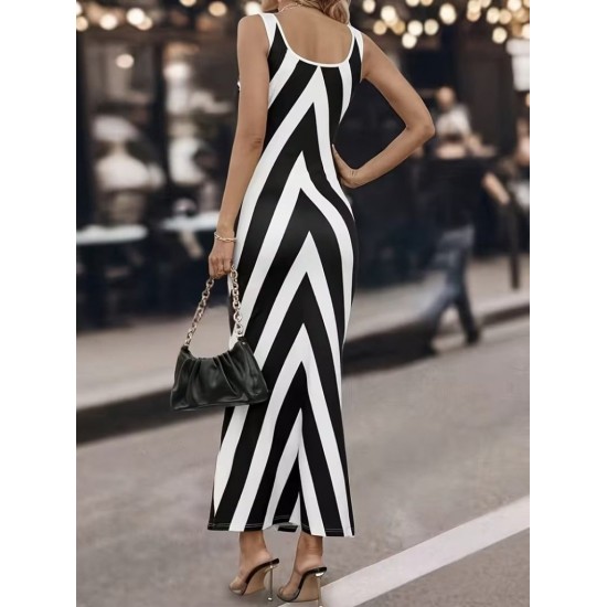 Kadın Askılı Yuvarlak Yakalı Geometrik Desenli Uzun Dalgıç Elbise , 31640