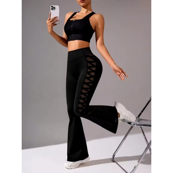 Kadın Yüksek Bel Yanları çapraz Tül Detaylı Dalgıç Tayt , 31644