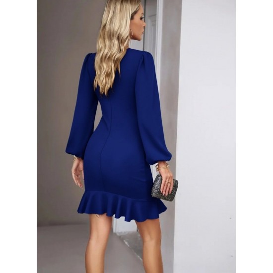 Kadın Uzun Kollu Bisiklet Yaka önden Volanlı Ithal Krep Elbise , 31643