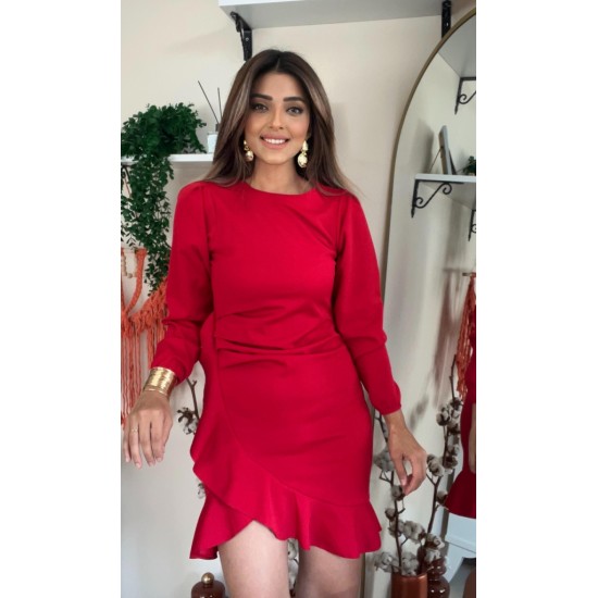 Kadın Uzun Kollu Bisiklet Yaka önden Volanlı Ithal Krep Elbise , 31642